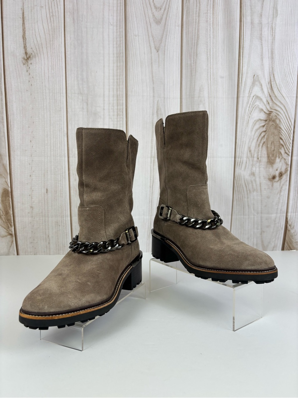 Vince Camuto Keshilla Suede Leather Chain Moto Chunky Boots Taupe Size 8.5 - Picture 3 of 14